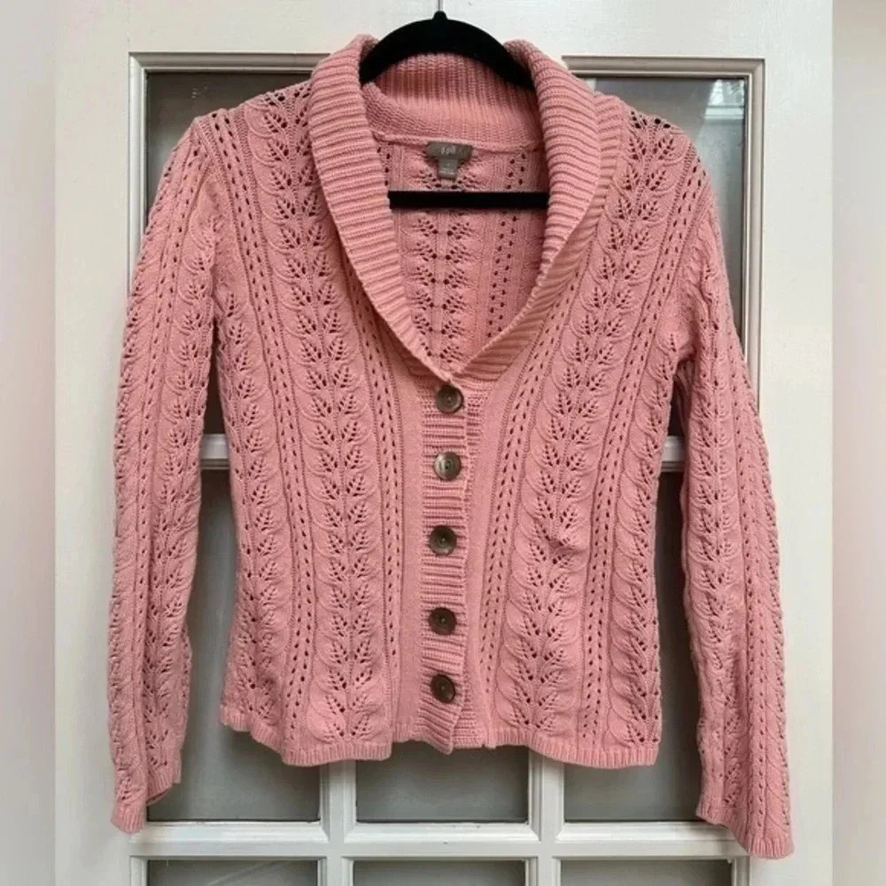 J Jill Blush Pink Cable Knit Collar Button Front Cardigan Sweater Size Small S
